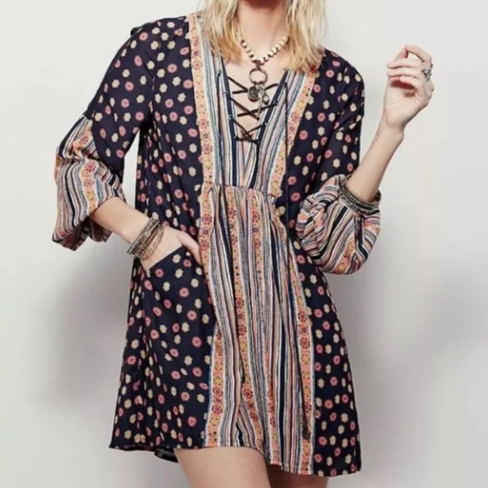 FREE PEOPLE I Black Boho Festival Lace-Up Rain or Shine Tunic Mini Dress, S - Picture 2 of 15